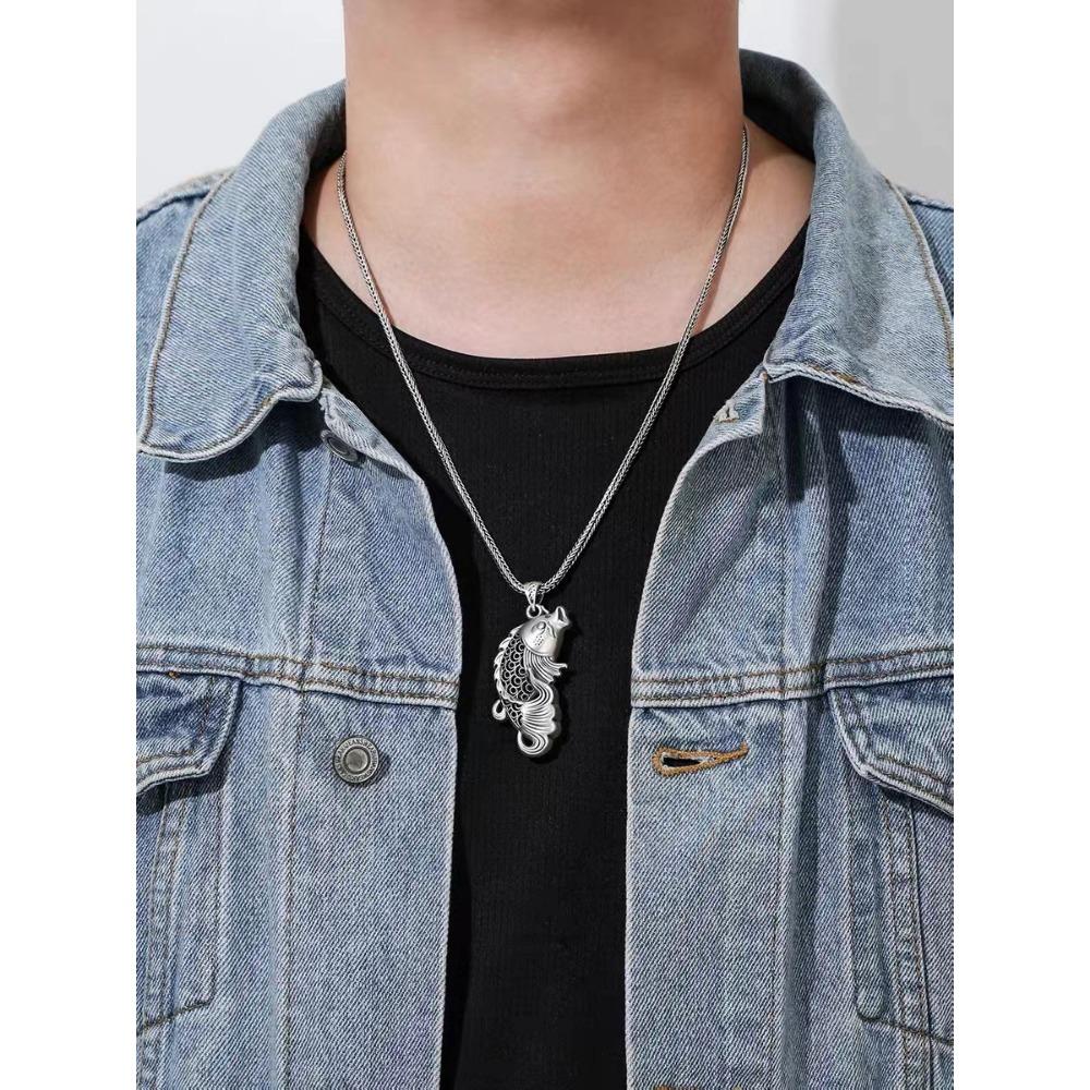 JMXD-Ретро этнический стиль женский свитер цепочка кулон из стерлингового серебра, филигранная полая рыба классическая гладкая поверхность старый кулон