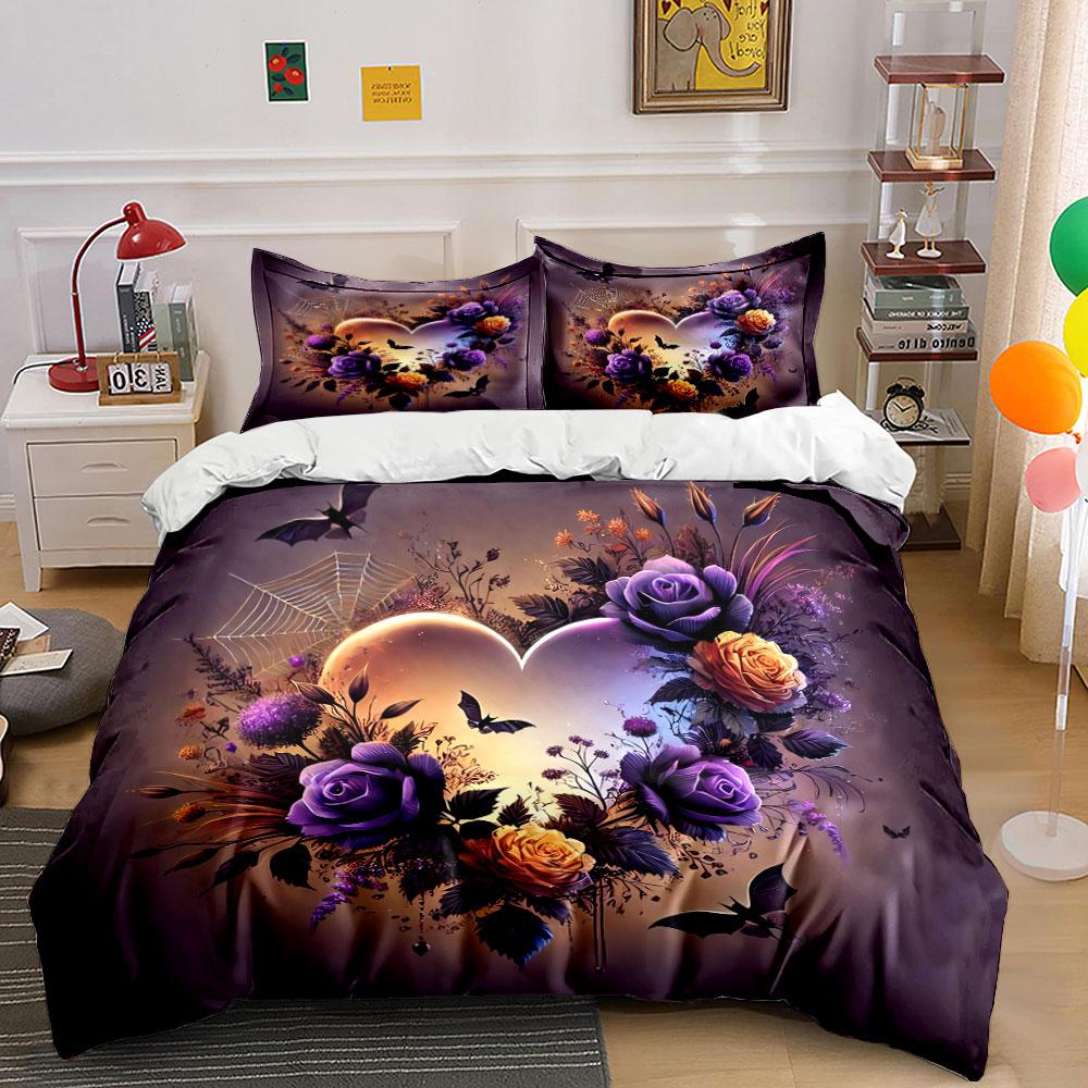 Floral Gothic Halloween Decor Set Bedding Set with 1 Duvet Cover 2 Pillowcases Single Double King Queen, Gift