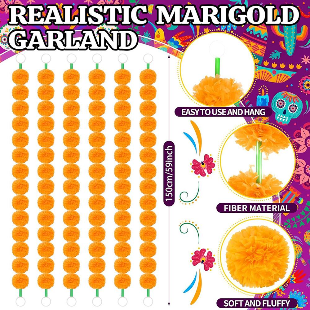 6Pcs 150Cm Long Marigold Garland For Pooja, Altar Faux Garland, Diwali