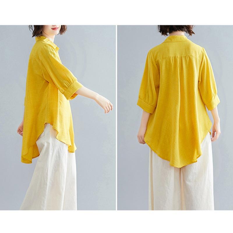 Летняя женская рубашка с короткими рукавами, элегантный V-образный вырез, нерегулярный хлопковый лен, удобный свободный повседневный дышащий топ