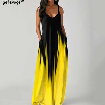 Элегантные модные платья с V-образным вырезом, без рукавов, длиной до пола, простые, в стиле ретро, женские, летние, свободного кроя в талии, с принтом, прямого кроя, женские 2025