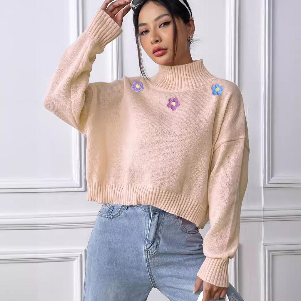 Женский короткий свитер с цветочным узором ручной вязки крючком на осень и зиму, повседневный свитер с высоким воротом