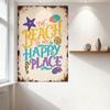 Vintage The Beach Is My Happy Place Metal Tin Sign Distressed Aged Style with Ocean Elements Starfish Seashells for Home Cafe Ba