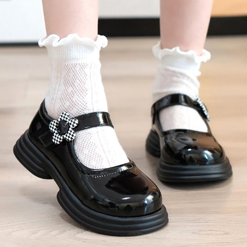 Youth style shoes Girls Black Princess Flat Shoes School Performance Casual Wear Low-Top Synthetic Leather Slip-On With Velcro Rubber Sole