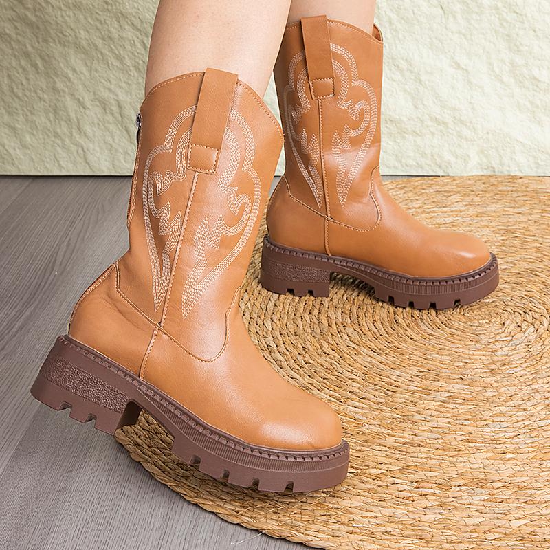 25Осень И Зима Винтажная Вышивкаженские Летние Ботильоны на Толстом Каблуке до Середины Икры, Ботинки Пустынника Интернет-Знаменитости, Короткие Ботинки