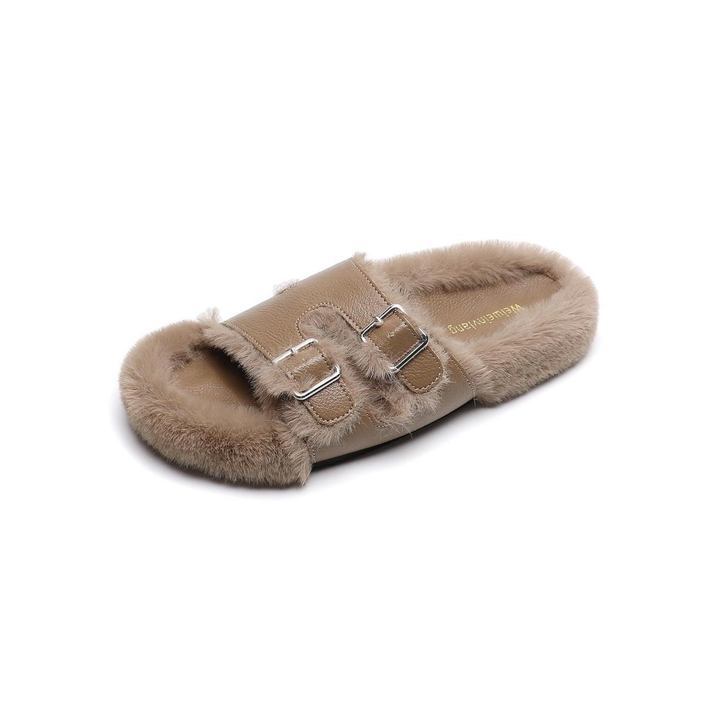 Woman Faux Wool Insole Flat Slippers Round Head Open Toe Slingback Indoor Slipper 2024 Women Winter Female Plush Fur Slippers