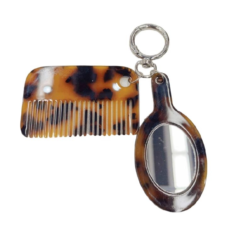 Леопардовый брелок-расческа с подвеской-зеркальцем для макияжа, модный аксессуар из ацетата ручной работы, женский инструмент для красоты