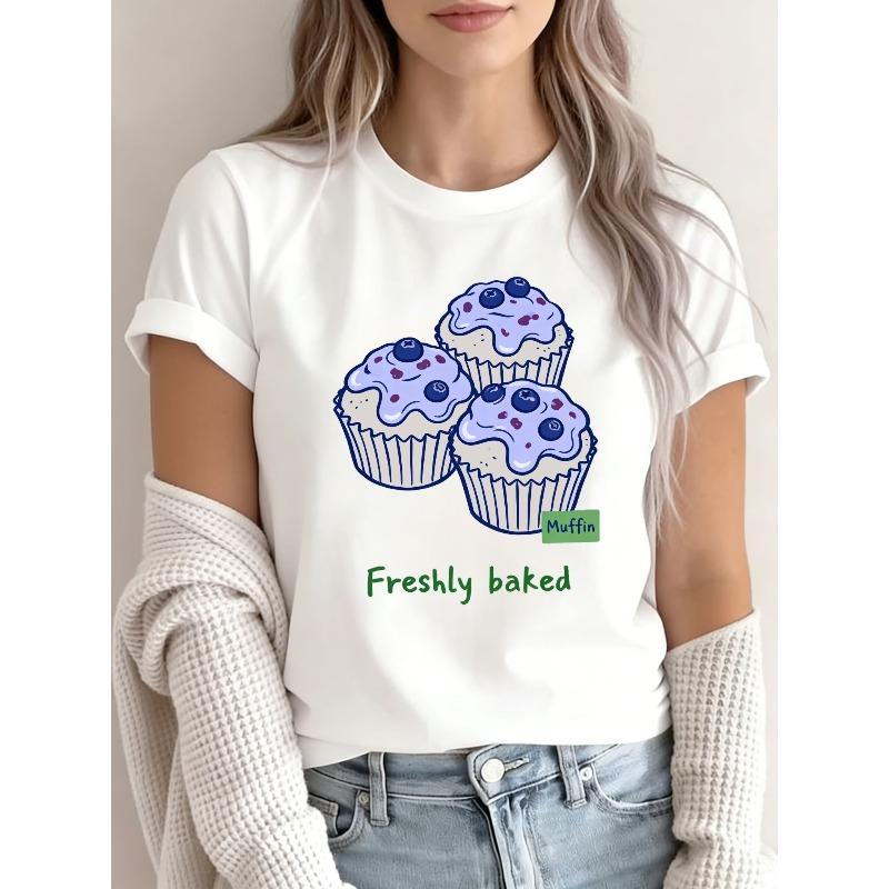 Cartoon Blueberry Muffin Freshly Baked Print Women's Crew Neck Casual Daily Tee