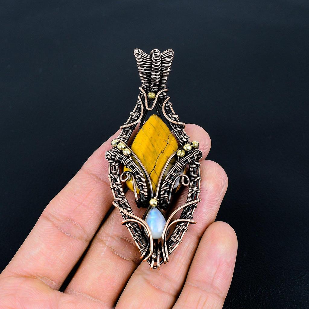 Tiger 's Eye & Moonstone 999 Copper Wire Wrapped Pendant, Handmade Gemstone Tree Of Life Pendant Jewelry, Gifts For Wife Brand New Pendant
