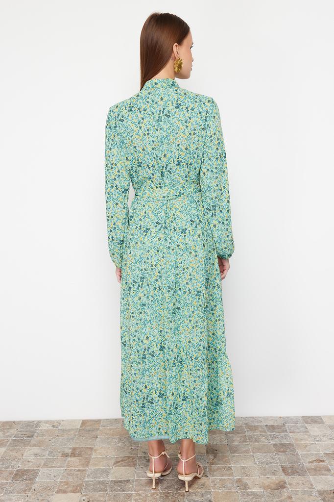 Женское платье-хиджаб, новый сезон, модное изумрудно-зеленое шифоновое тканое платье с поясом и высоким воротником на подкладке