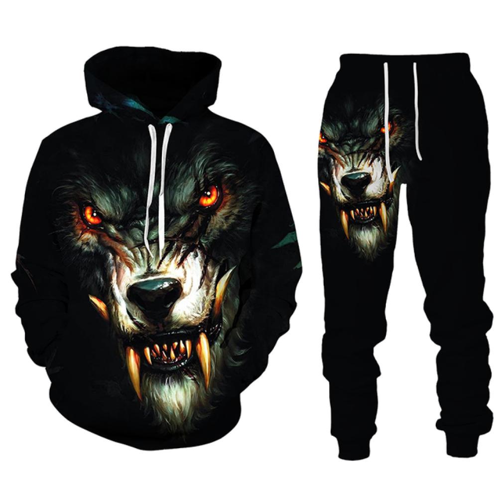Модная уличная одежда, мужские комплекты, спортивные костюмы, новые мужские толстовки с принтом волка и спортивные штаны, костюм из двух предметов, повседневная мужская одежда с капюшоном