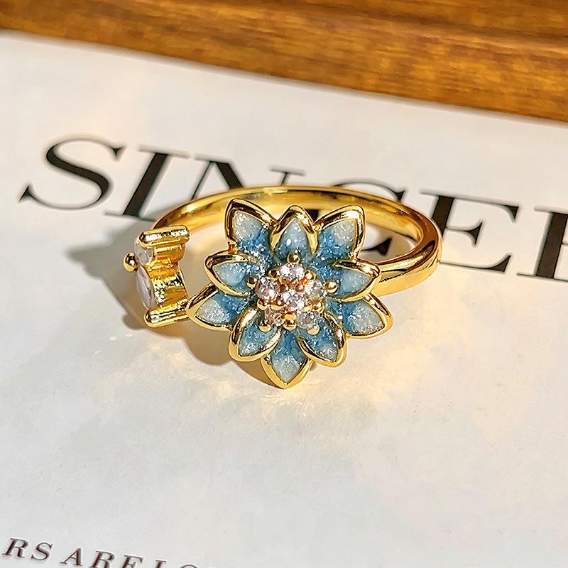 Heavy‑Craft Medieval Vintage Stack‑Wear Open Ring Chunjian Three‑Flower New Chinese Enamel Flower Zircon Adjustable Fashion Jewelry