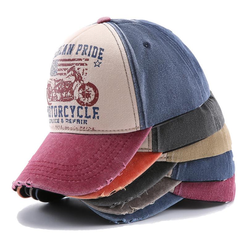 Бейсбольная кепка с мотоциклетным принтом, промытый козырек, кепка в стиле старой утки с американской вышивкой, кепка дальнобойщика