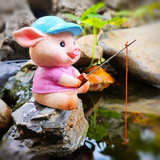 Статуэтка свиньи-рыболова, смоляная мини-статуэтка поросенка, мультяшная скульптура свиньи-рыболова для декора пруда в саду и патио