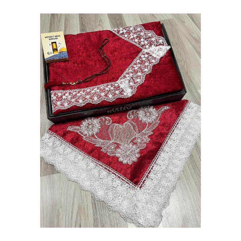 5 Piece Prayer Mat Set, Dowry Bundle Boxed, Velvet Laced Bride And Groom Set