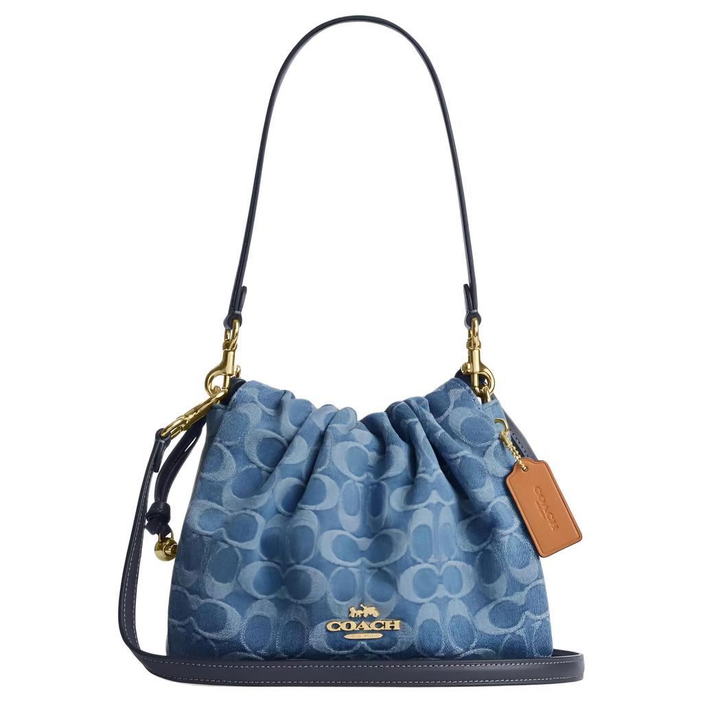 Coach Faye 22 Сумка через плечо с цепочкой и монограммой, хлопок и кожа, средняя, женская, джинсово-синяя CDB94-IMTYV