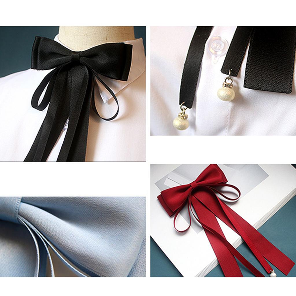 Elegant Pearls Long Ribbon Bowtie with Pin Pre Tied Adjustable Preppy Styles Bowknot Necktie for Fashionable Women Ties