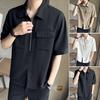 Men Summer Cargo Shirt Half Zipper Split Hem Chest Pockets Short Sleeve Turn-down Collar Loose Solid Color