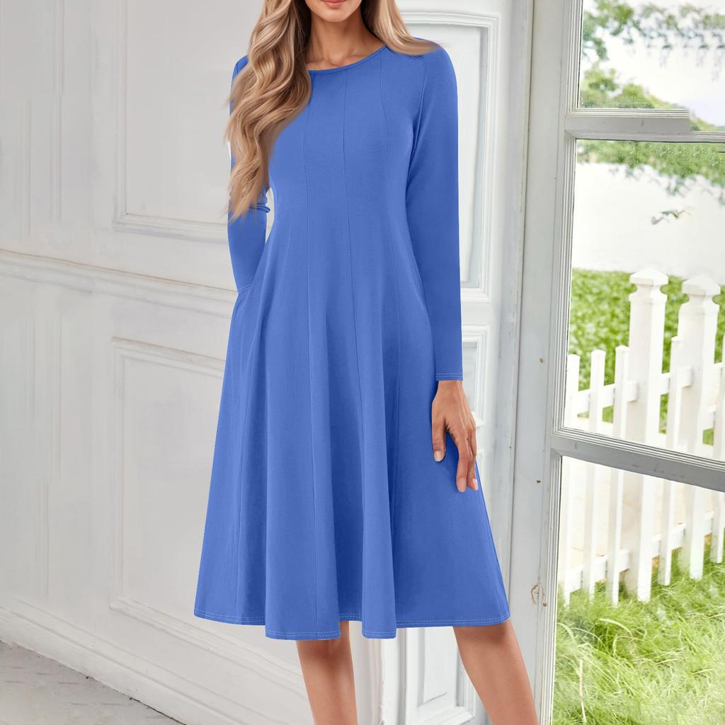 Женское повседневное модное платье миди с круглым вырезом и длинным рукавом