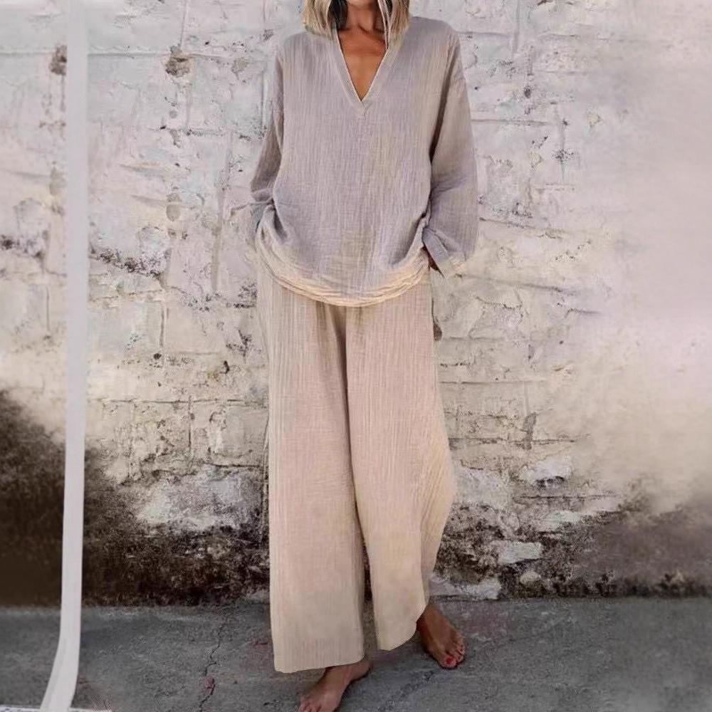 Женский комплект из топа с V-образным вырезом свободного кроя и брюк широкого кроя светло-голубого цвета, повседневный наряд из хлопка и льна