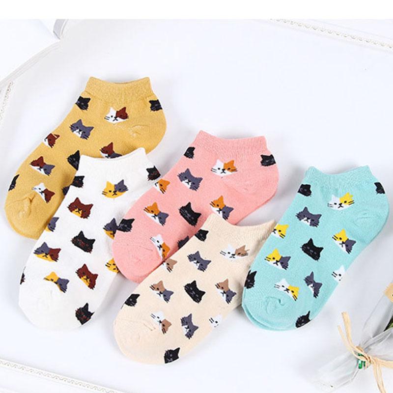 5 Pairs Women Cute Cat Socks Short Ankle Socks Cartoon Animal Kitten Korean Fashion Girls Kawaii Casual Socks Calcetines Mujer