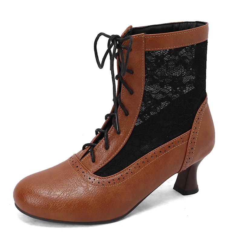 Ретро Косплей Летние Ботинки Женские Лоскутные Сетчатые Туфли Весна Кожа Виктория Массивный Каблук-рюмочка