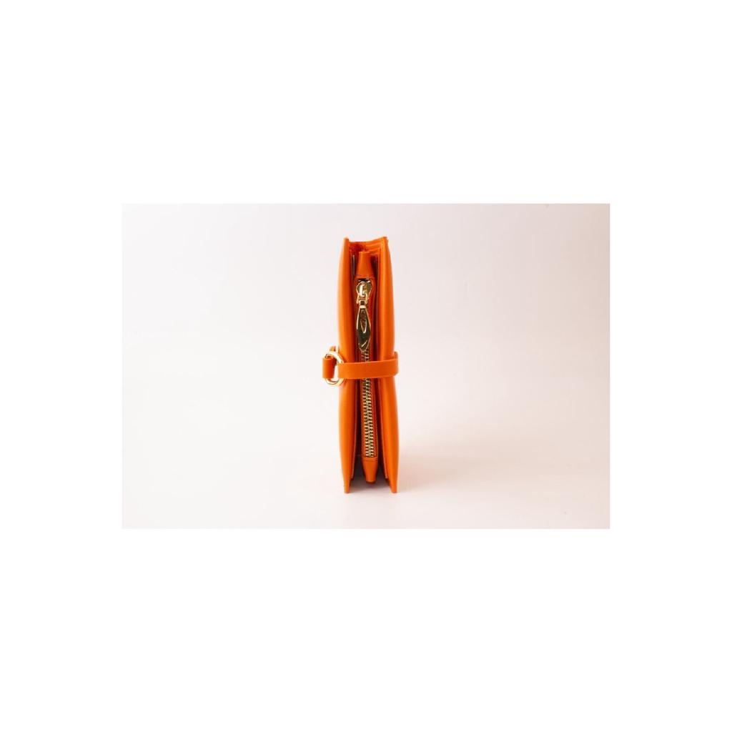 Soft Leather Orange Women's Wallet Accessory With Snap Fasteners, Multi-compartments, Zipper In The Middle And Phone Holder