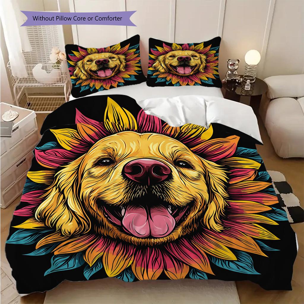 Sunflower Dog Pattern Bedding Quilt Set Quilt Cover Pillowcase Home Decoration Birthday Gift (1 * duvet cover + 2 * pillowcase, without core)