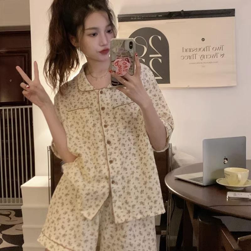 Пижама с цветочным принтом, женский пижамный комплект, корейская летняя пижама из 2 предметов, милая домашняя одежда для студентов