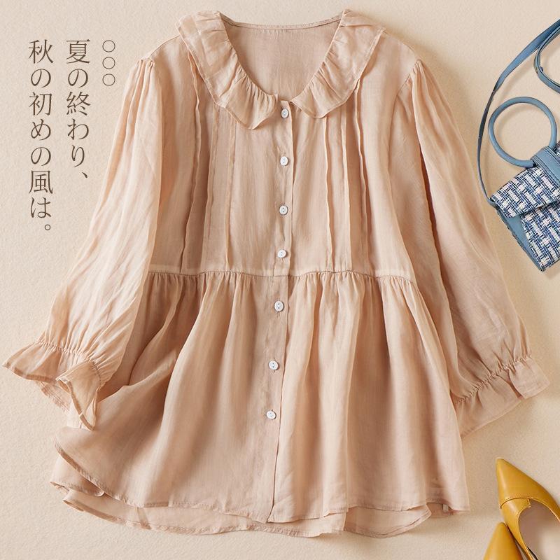 Летняя свободная однотонная хлопково-льняная рубашка с кукольным вырезом и рукавами 3/4, женская блузка