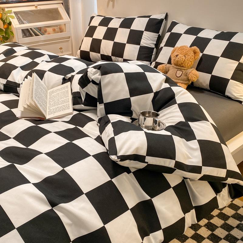 Простыня в клетку из четырех предметов и пододеяльник в японском стиле в скандинавском стиле, набор из трех предметов из стираного хлопка с начесом