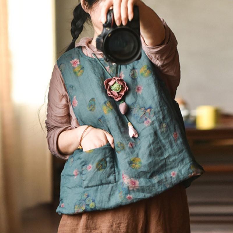 Johnature Women Vintage Print Floral Pullover Vests Coats O-Neck Patchwork Pockets Clothes Spring Chinese Style Vests