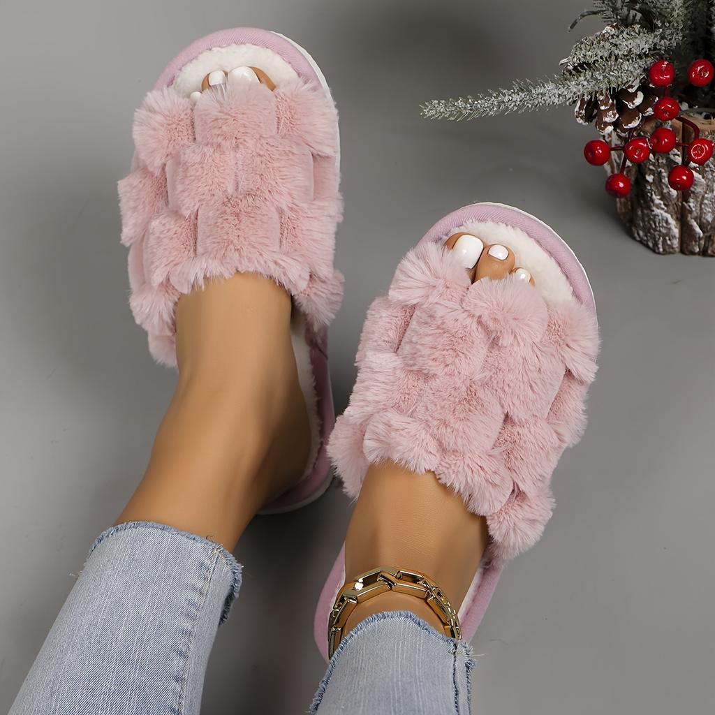 Open Toe Fluffy Home Slippers, Honeycomb Plush Soft Sole Flat Shoes, Women's Indoor Floor Slippers