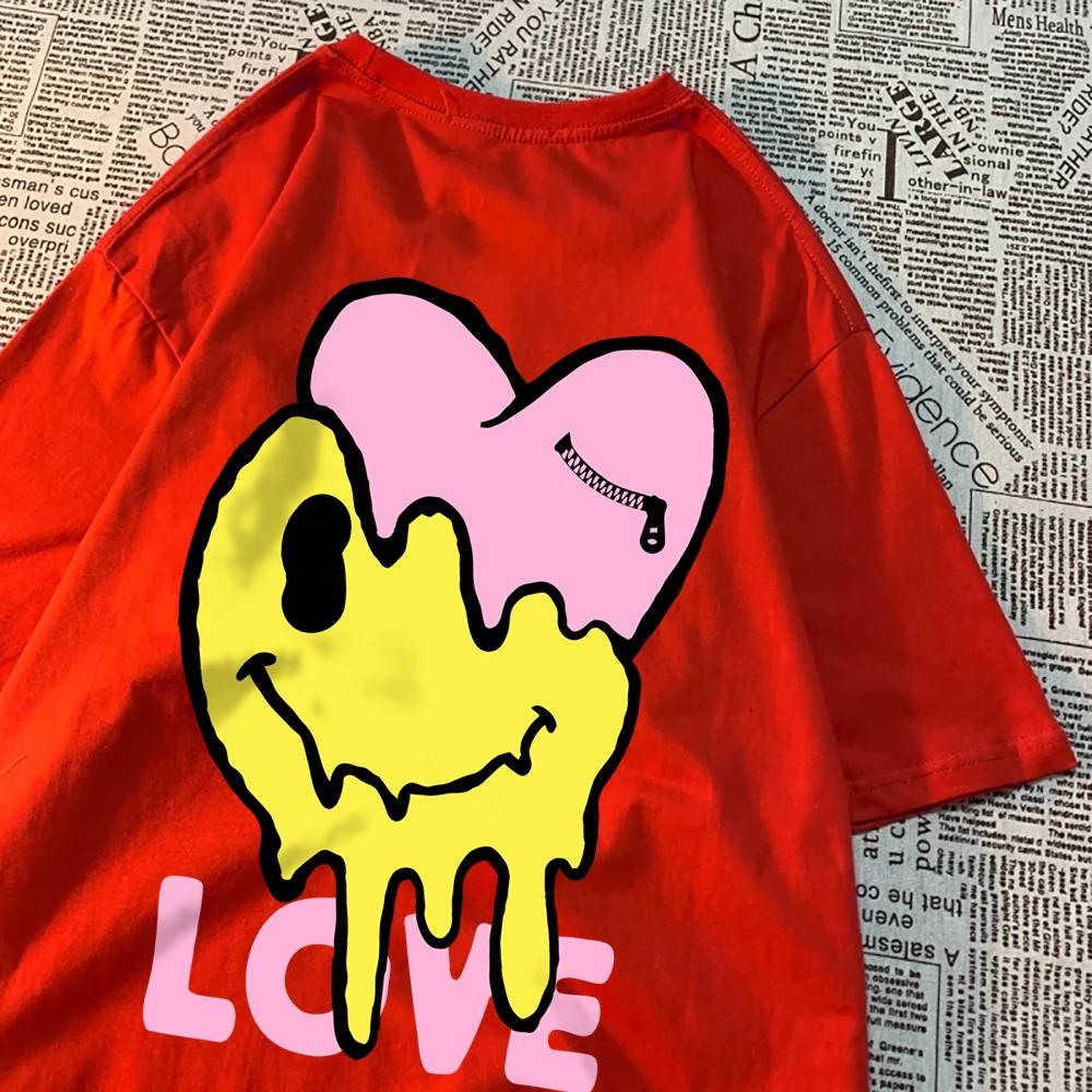 Футболки с надписью «Счастливое лицо и больное сердце», дышащая футболка с круглым вырезом для пары, свободная одежда, летние футболки больших размеров, хлопковая футболка