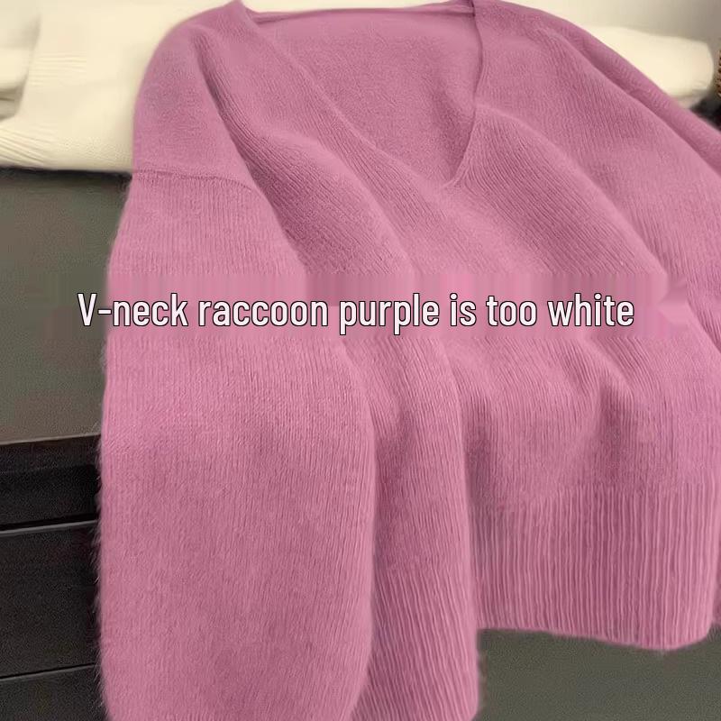 Женский корейский трикотажный свитер с V-образным вырезом синего цвета - мягкий пуловер свободного кроя для осени/зимы.