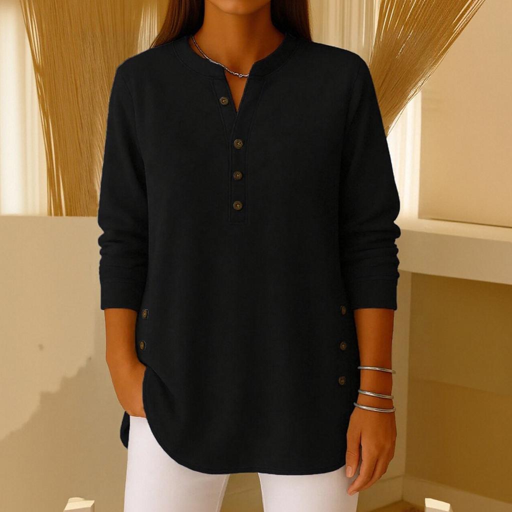 Women's Solid Color Button Long-sleeved Casual Loose Pullover Top