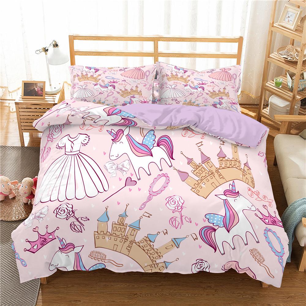 Kids Cartoon Duvet Cover Set Full/Queen Microfiber 3D Bedding Set Soft Pink Castle Princess Comforter Cover With 2 Pillow Shams