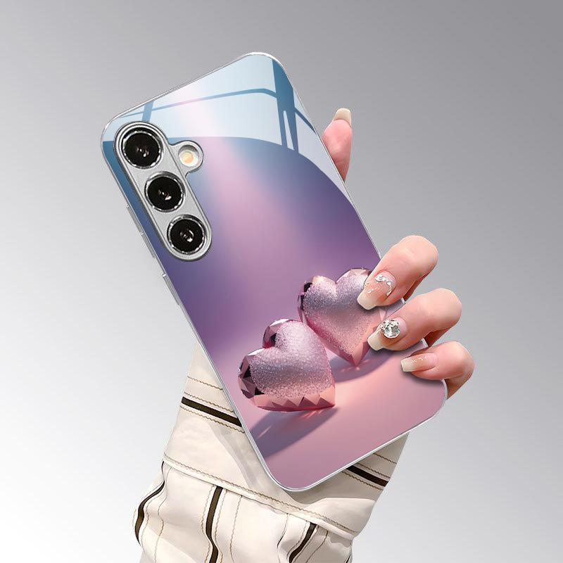 Чехол для телефона 2D с узором в виде двойного сердца для Samsung S26 S25 S24 S23 S22 S21 S20 A56 A36 A16 - Гальванизированная стеклянная защитная крышка