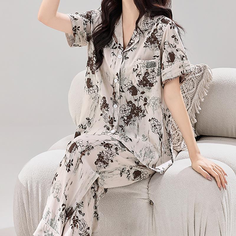 Spring and summer cotton and silk thin pajamas women's short-sleeved trousers set V-neck Korean version lapel button cardigan pajamas