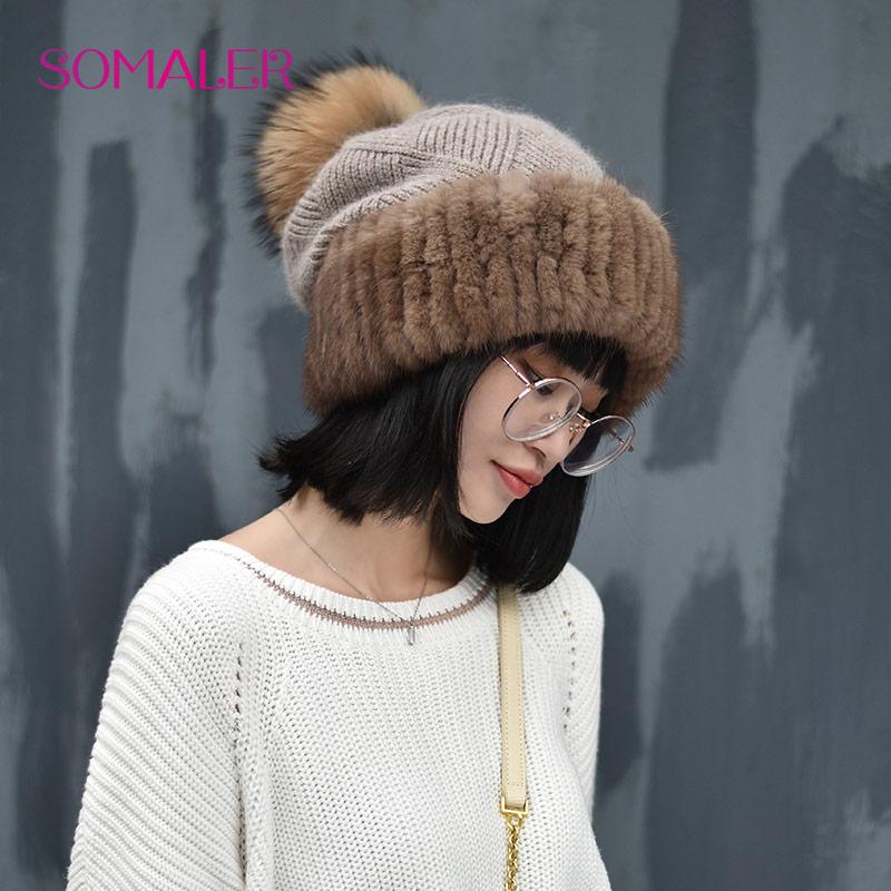 Winter Mink Fur Knitted Wool Hat for Women Fox Fur Pompom Slouchy Beanie Fashion Warm Style Cap Baggy Crochet Hat