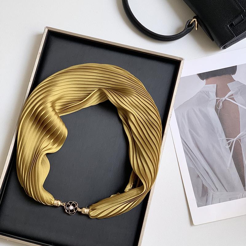 Новый монохромный магнитный шелковый шарф-ожерелье для женщин, плиссированный летний солнцезащитный головной платок, декоративный шарф