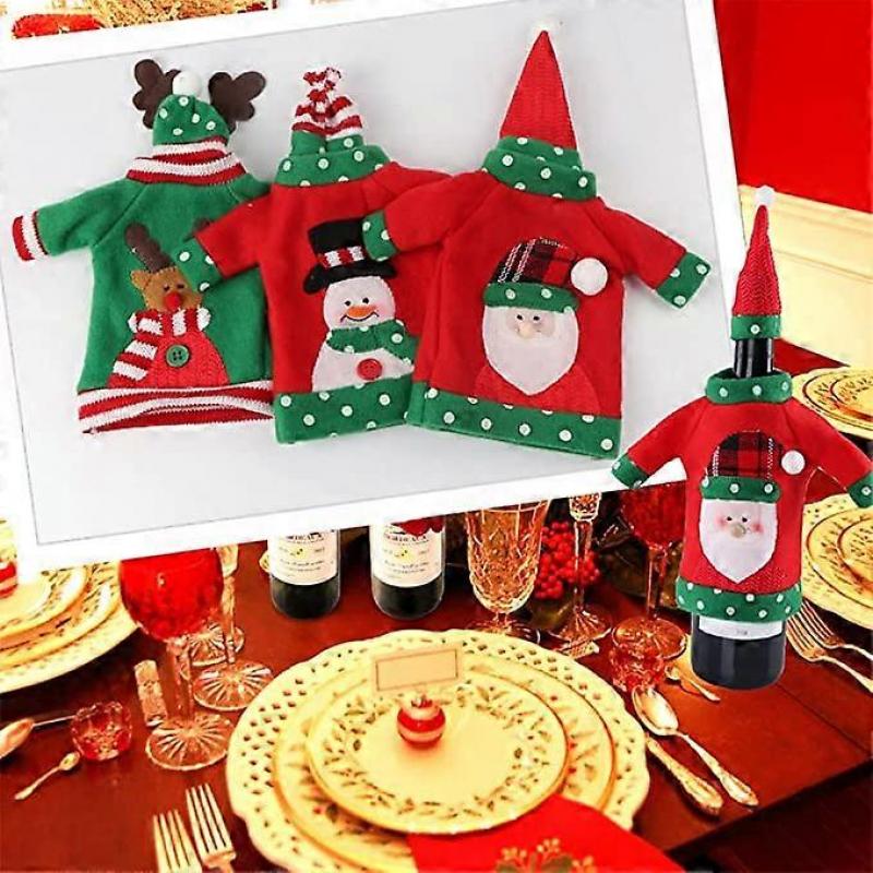 3pcs Ugly Sweater Christmas Wine Bottle Covers, Holiday Wine Bottle Sweater Cover with Hat for Ugly Christmas Sweater Party Decorations