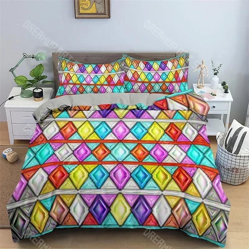Abstract Geometric Duvet Cover Microfiber Queen Bedding Set For Boys Girls Room Rainbow Plaid Print Quilt Cover With Pillow