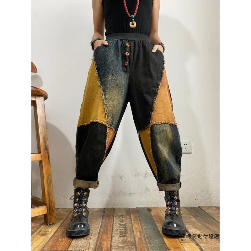 Свободные женские джинсовые брюки большого размера в винтажном стиле, лоскутные джинсы с высокой талией, женские брюки 2023, весенне-осенние новые шаровары