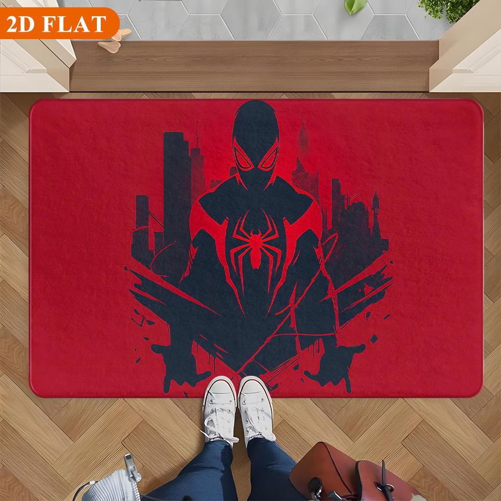 Bath Mat 1pc, Spiderman Shadow Red City, MARVEL Flannel Rectangular Mat, Bathroom Non-slip Entrance Mat, Fun Door Decoration M