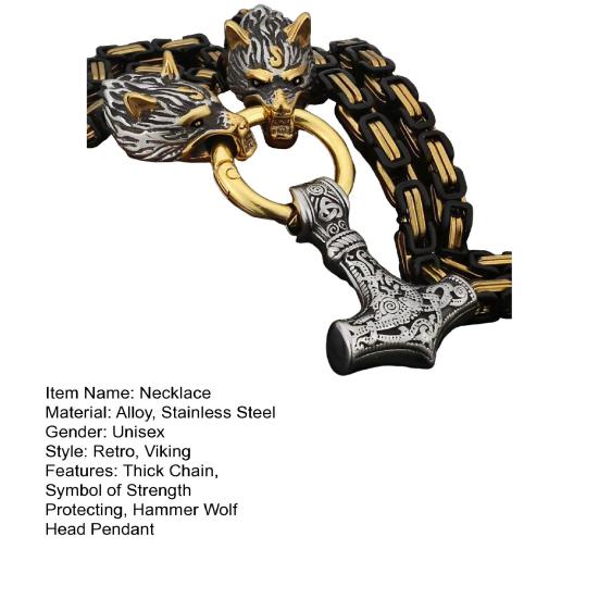 Мужское ожерелье Ретро Нордический стиль Викинг Молот Голова волка Кулон Амулет Толстая цепь Символ силы
