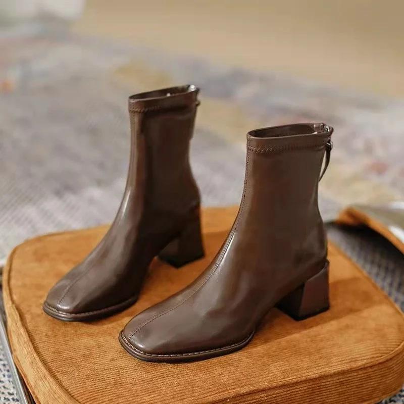 Женские уличные ботильоны с квадратным носком, женская удобная дизайнерская обувь, средний каблук, ботинки на молнии, обувь большого размера для женщин