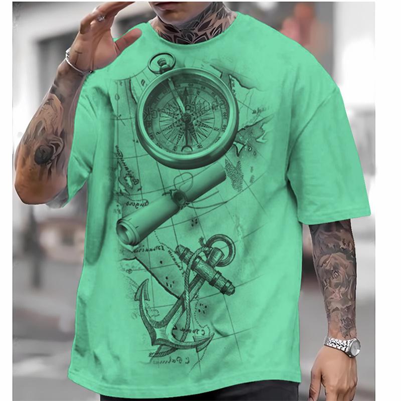 Vintage Compass Pattern Men's T-shirts Retro Map 3D Printed T-Shirts Summer Casual Oversized Short Sleeve Tees Round Neck Tops