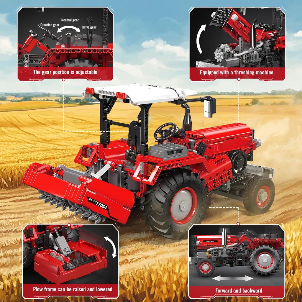 Mould King 17064 Farm Tractor Model Building Block Kit, Remote Control High-Tech 3-in-1 Tractor Model Heavy-Duty Forklift Building Block Kit (Over