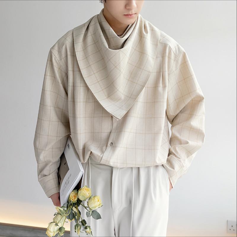 INCERUN Men Stand Collar with Adjustable Scarf Long Sleeve Plaid Loose Oversized Tops Shirts